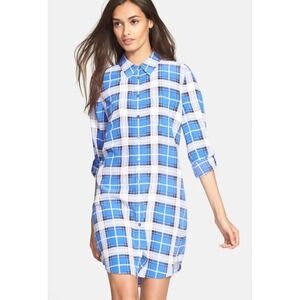 EQUIPMENT FEMME 100% Silk Brett Shirt Dress Size XS Plaid Blue White Button Mini